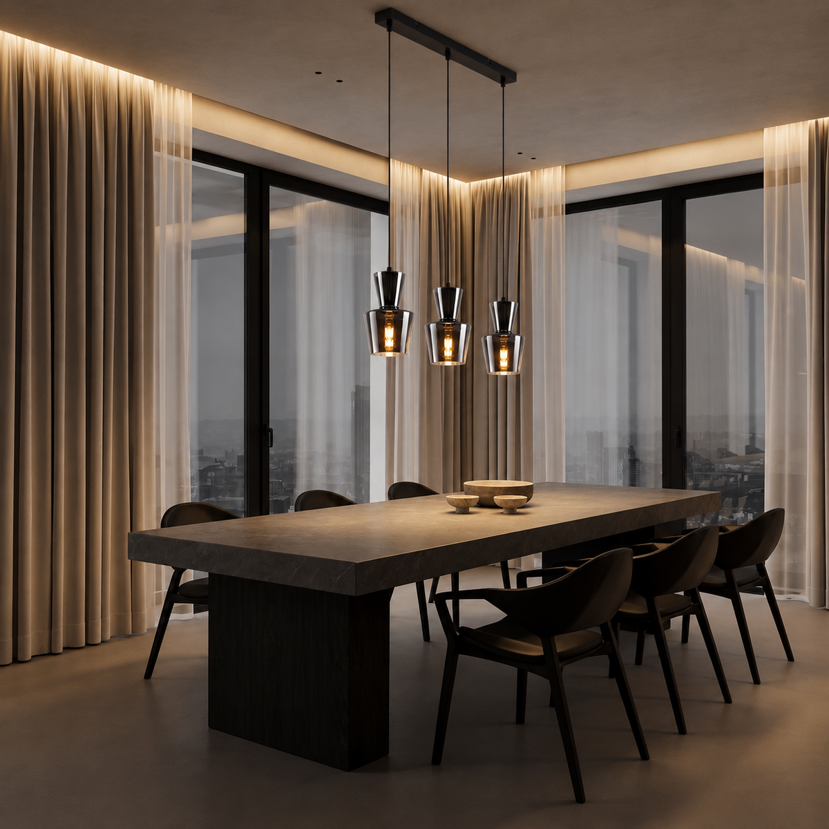 Lustre Suspension 3 Lumières en Métal et Verre Fumé – Hauteur Réglable pour Salle à Manger et Cuisine