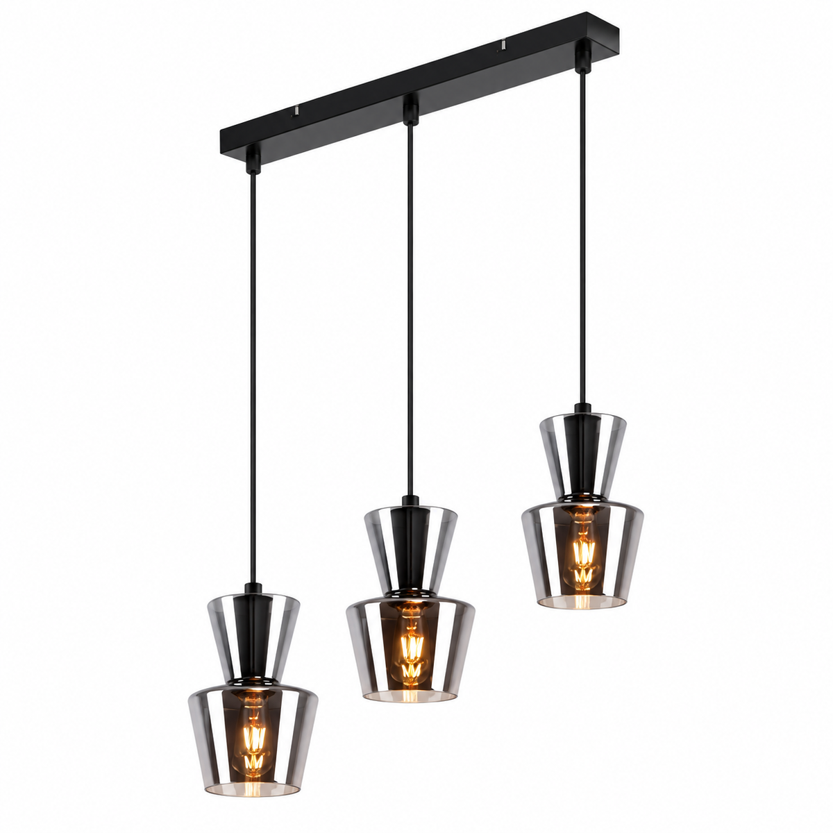 Lustre Suspension 3 Lumières en Métal et Verre Fumé – Hauteur Réglable pour Salle à Manger et Cuisine
