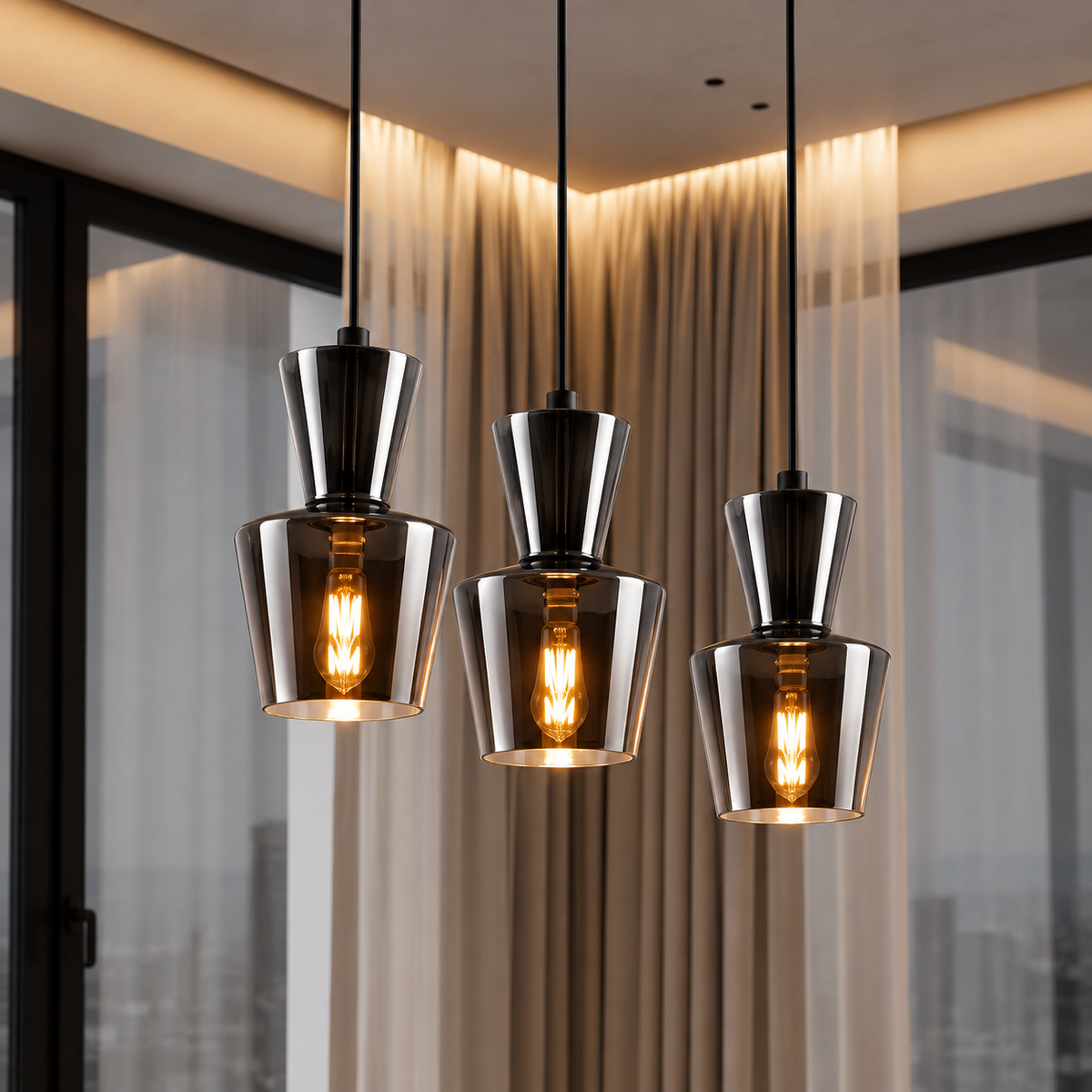 Lustre Suspension 3 Lumières en Métal et Verre Fumé – Hauteur Réglable pour Salle à Manger et Cuisine