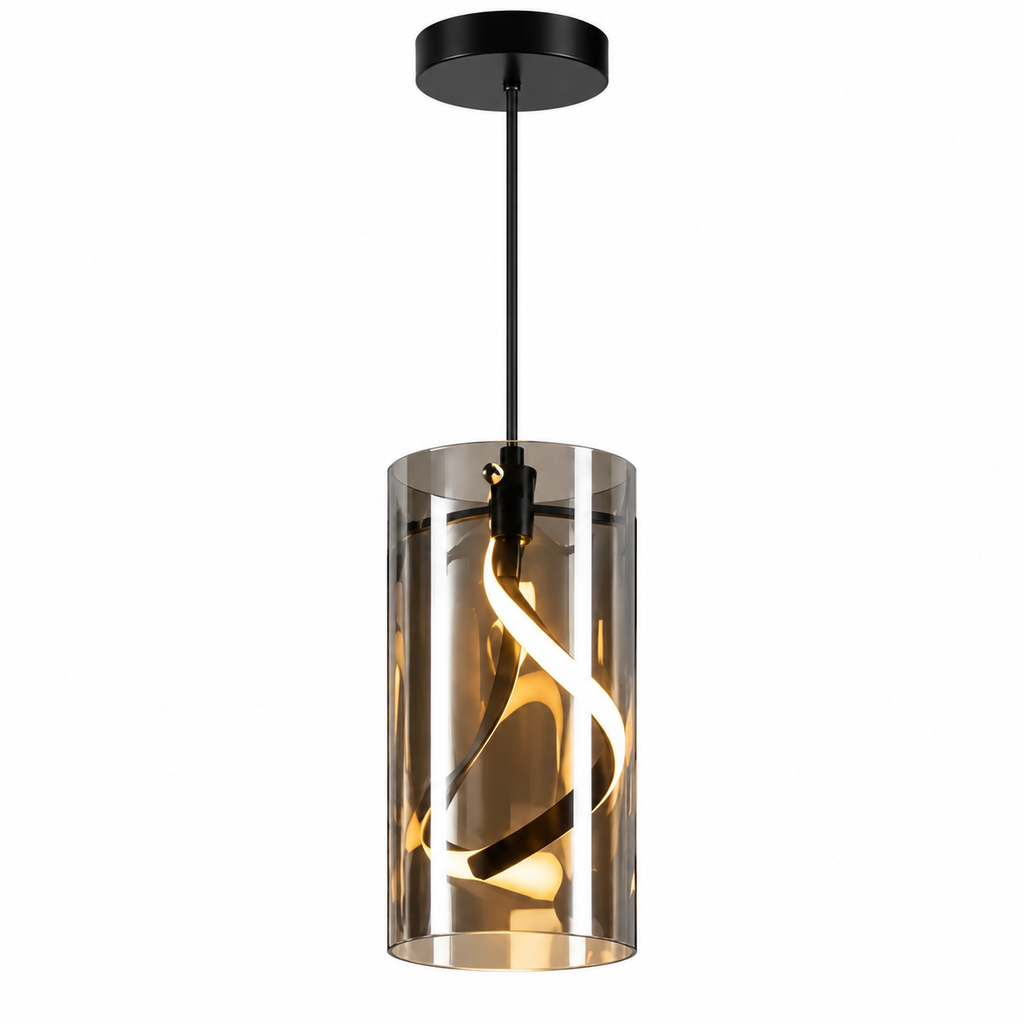 Lustre Suspension LED en Verre Fumé et Métal – Suspension Moderne 12 × 25 cm à Hauteur Réglable