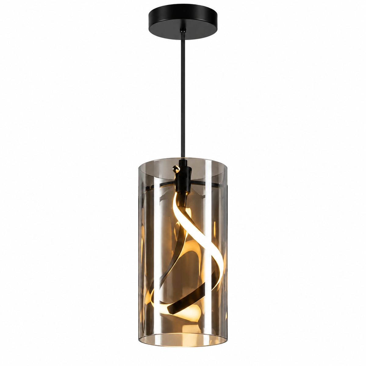 Lustre Suspension LED en Verre Fumé et Métal – Suspension Moderne 12 × 25 cm à Hauteur Réglable