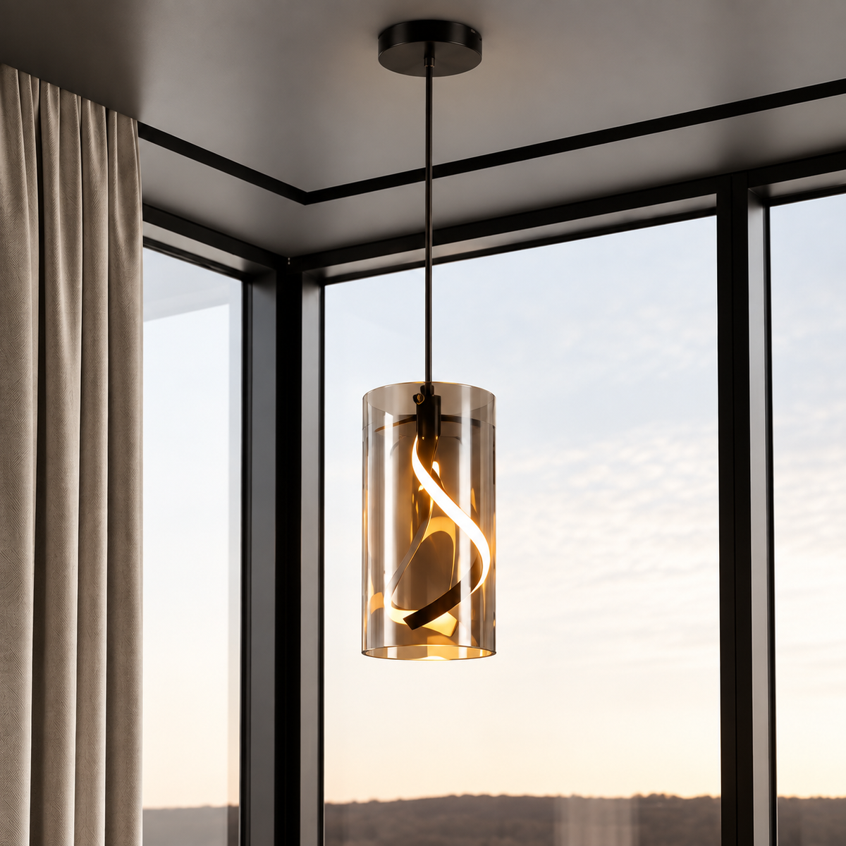 Lustre Suspension LED en Verre Fumé et Métal – Suspension Moderne 12 × 25 cm à Hauteur Réglable