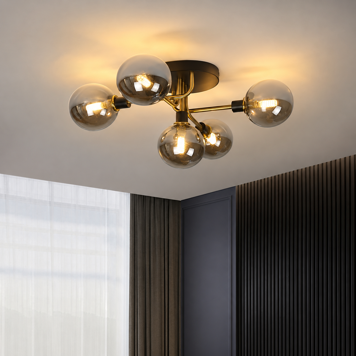 Lustre Plafonnier Moderne en Verre – 5 Lumières avec Structure en Métal