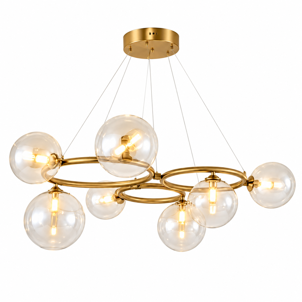 Lustre Suspension Moderne 7 Lumières  – Cercles Métalliques et Globes en Acrylique