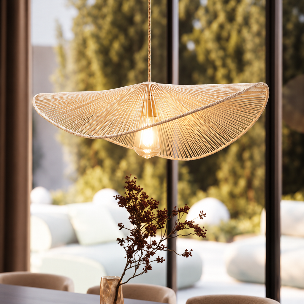 Abat-Jour Suspension en Rotin Blanc 40 cm – Forme Ondulée avec Structure en Métal