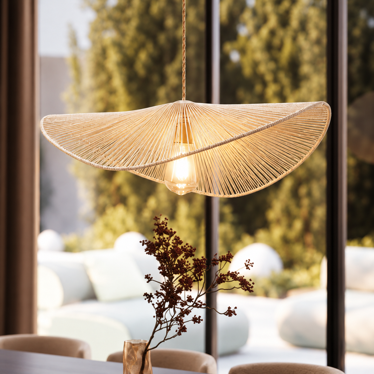 Abat-Jour Suspension en Rotin Blanc 40 cm – Forme Ondulée avec Structure en Métal