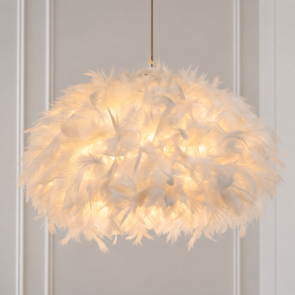 Abat-Jour Suspension en Plumes Blanches 50 cm – Design Doux et Élégant