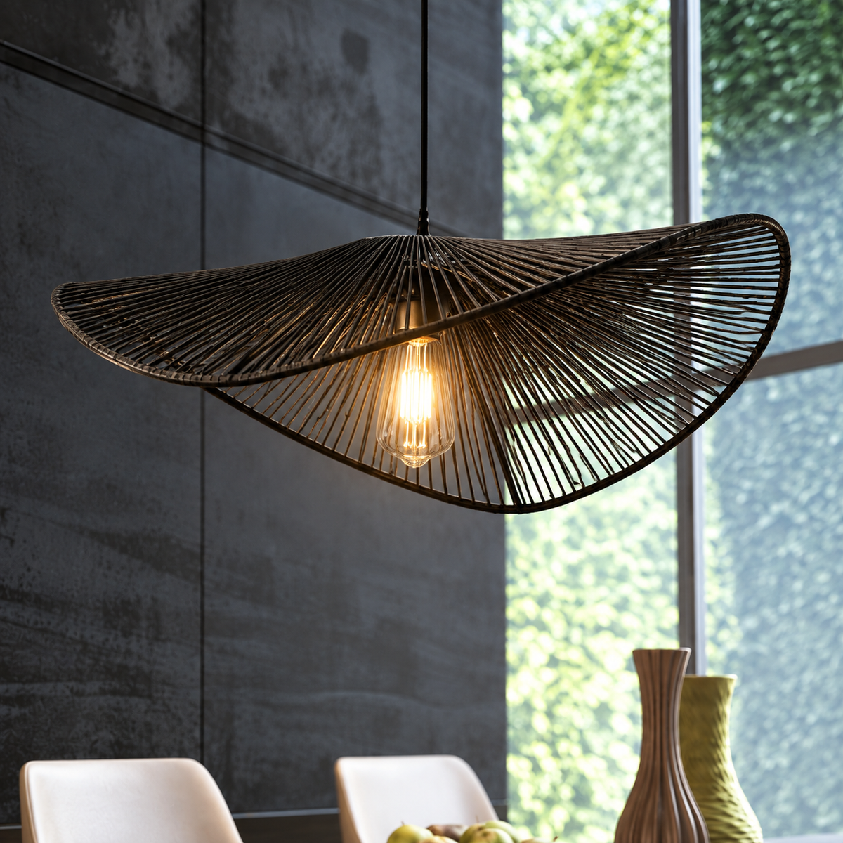 Abat-Jour Suspension Noir 41,5 cm – Design Ondulé en Rotin Tressé et Structure Métal