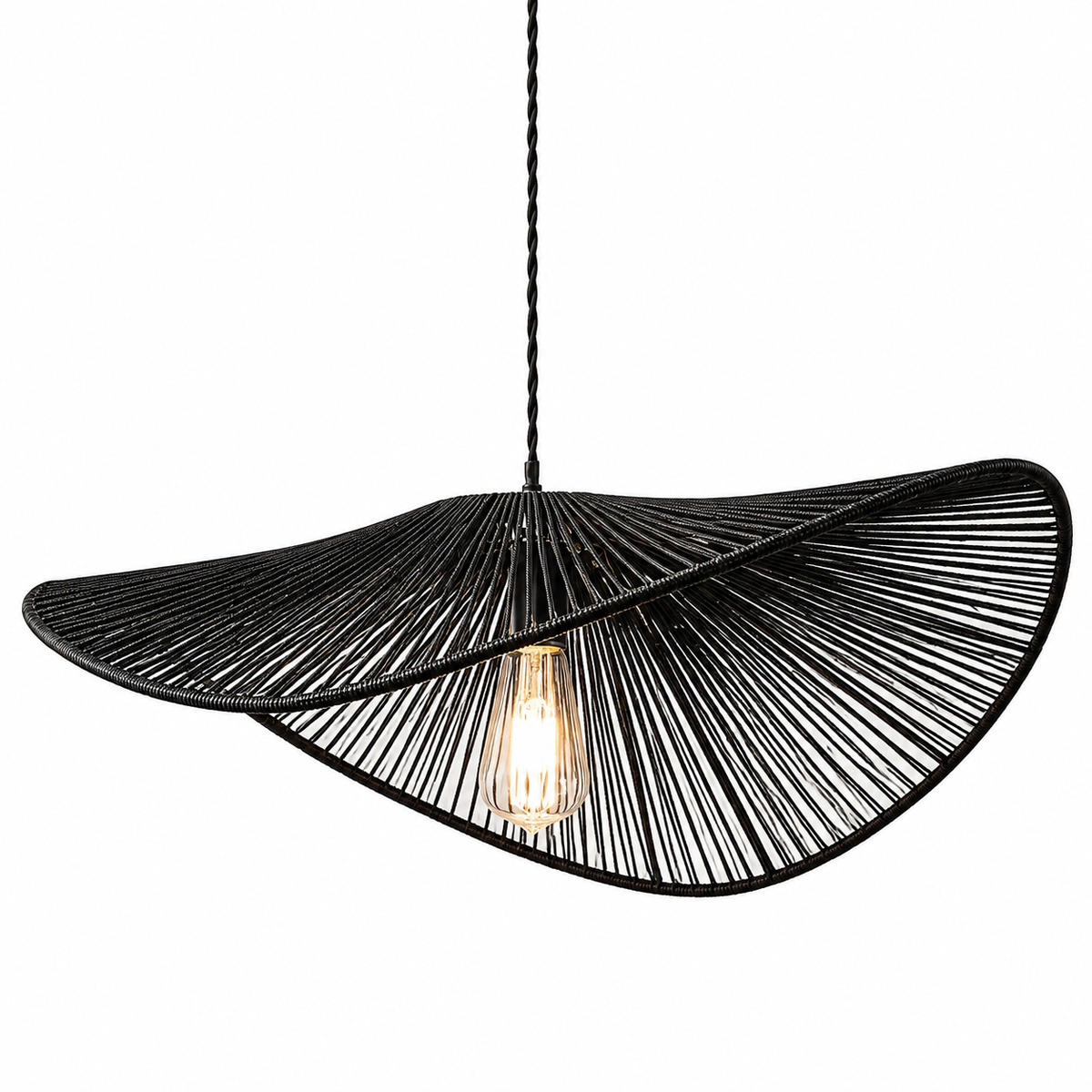 Abat-Jour Suspension Noir 41,5 cm – Design Ondulé en Rotin Tressé et Structure Métal